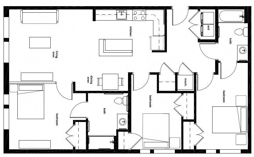 Floor plan for 3 beds, 2 baths, 1340 sqft